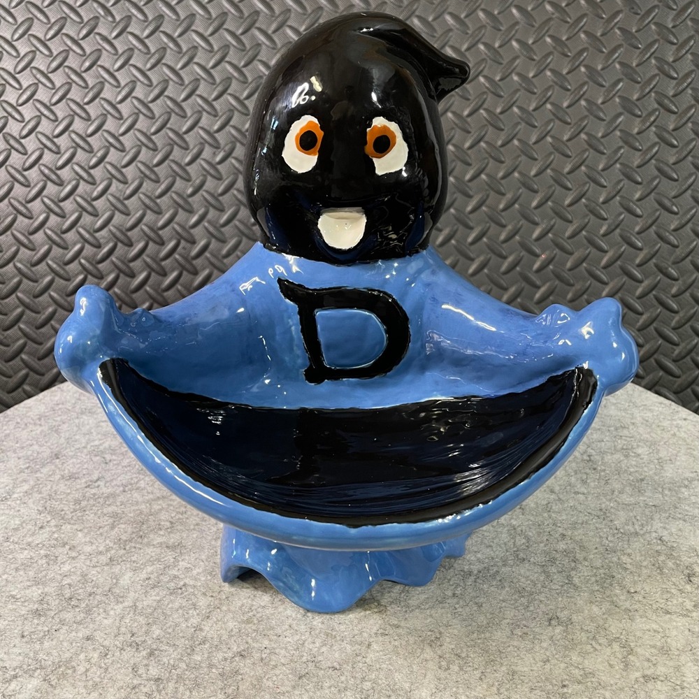 Vintage Handmade‎ Ceramic Ghost Candy Bowl Blue Black "D" Halloween Decor 10"